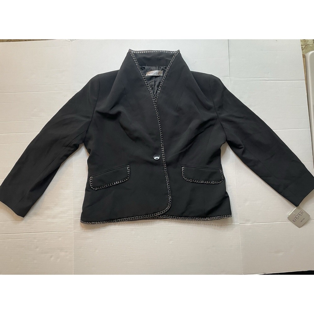 KASPER Black Embellished Button Front Lined Jacket Blazer Size 16P retail $139